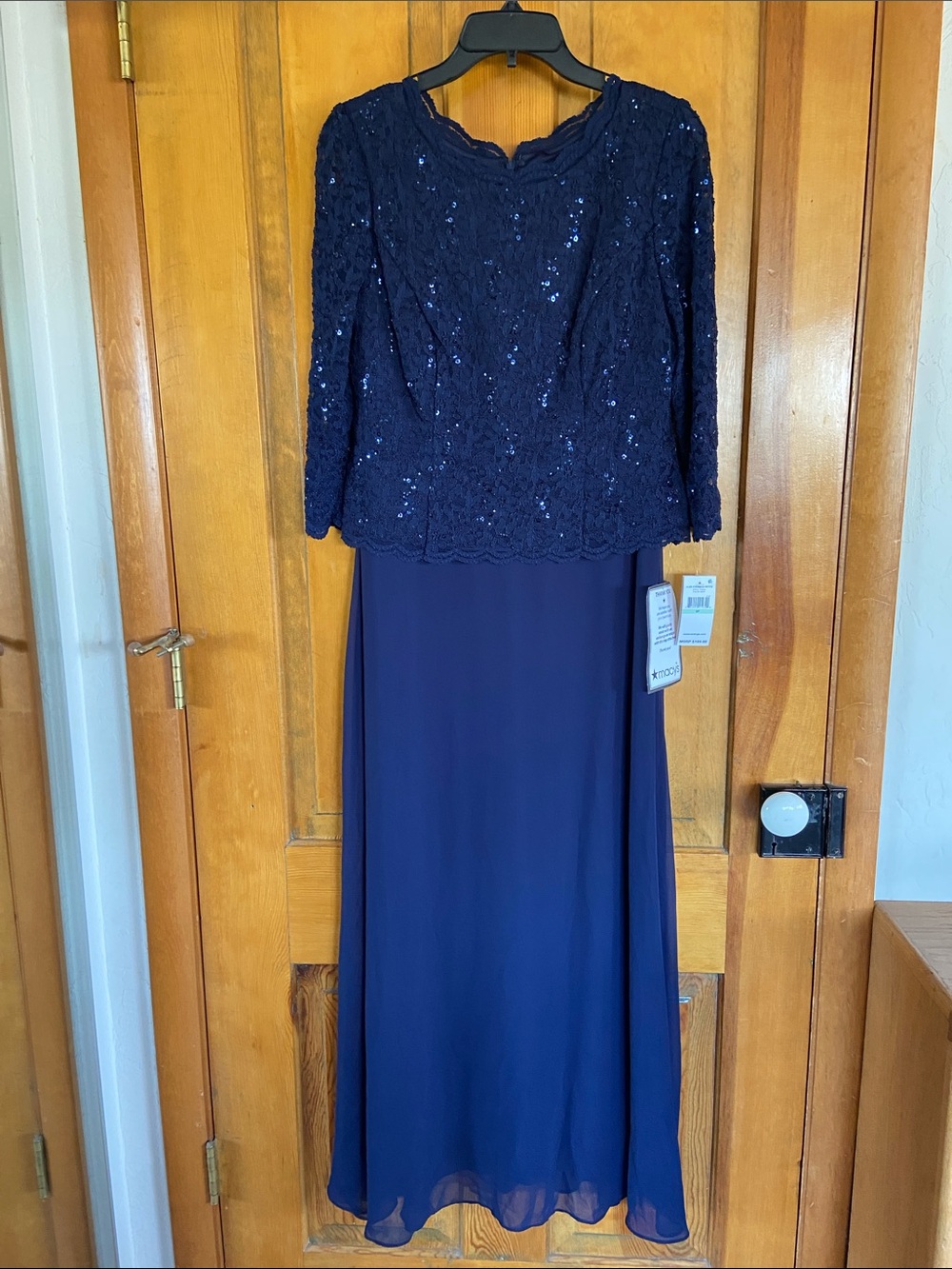 Alex Evenings Navy Blue Sequin Lace & Chiffon Gown